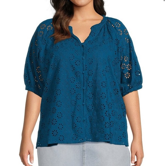 Nurture By Westbound Button Up Blouse Womens 3XL Eyelet Puff Sleeves Embroidered - Picture 1 of 11